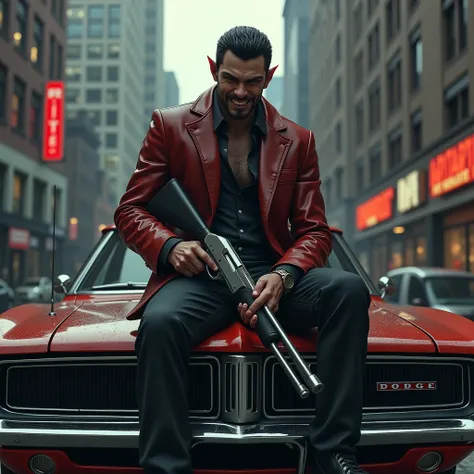 videogame, gta, photorealistic blade, half-breed vampire, with a devilish fanged smile, with a silver remington shotgun in his hands, sits on the hood of a dodge charger, looks at the viewer, scaling, selfie, throw, full-HD, realistic anatomy,