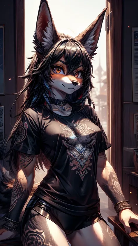 Black jackal, High Definition Dark Black Fur_Detail:1, blue fur,kitsune ears, tribal tattoo add_Detail:1 cute high school clothes, pretty girl add_Detail:3 1 girl, black short lycra, black metal t-shirt, flirtatious look add_Detail:3