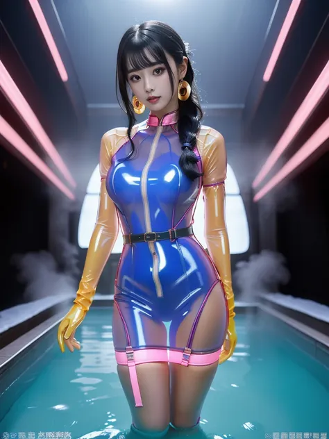 ((a woman)), 美丽脸庞的sexy中国华裔女明星, wearing white strappy underwear, wearing a pink transparent latex short dress, (((light theme, ex...