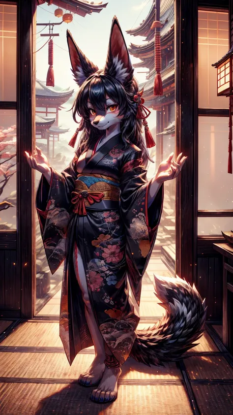 Black jackal, High Definition Dark Black Fur_Detail:1, blue fur,kitsune ears, tribal tattoo add_Detail:1 cute black edo era kimono, pretty girl add_Detail:3 1 girl, flirtatious look add_Detail:3, Full body in a Japanese shrine 