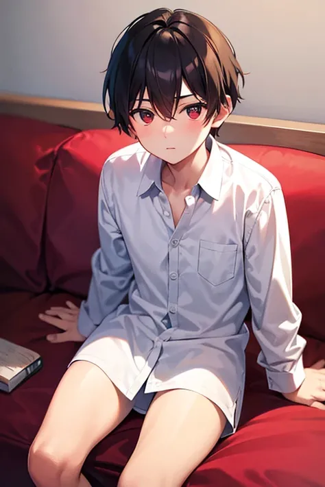 a boy in a bedroom, sitting on a sofa bed, wearing a white long sleeve shirt and wine red underwear, best quality, masterpiece