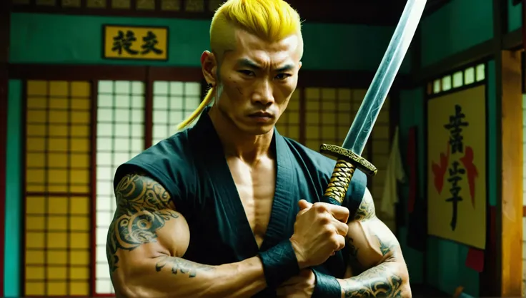 Young foreign fighter. Muscular. Yellow hair, tattoo on his arm. Holding a sword. Standing in front of an elderly Asian martial arts master. Dressed as a martial arts instructor. Holding a ninja knife in each hand. The place is a yakuza school.