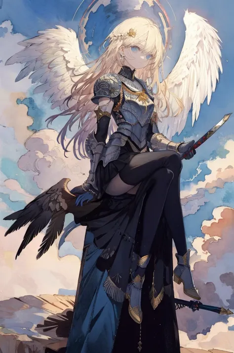 ((best quality)), ((masterpiece)), (detailed),watercolor,an angel with large bird of prey wings sitting with knees raised to his...