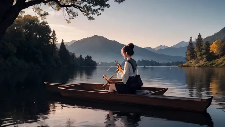 ((masterpiece))), (((Best quality))), ((Very detailed)), (Very detailed的计算机插图), ((Extremely exquisite and beautiful)),Movie Lighting, Long raft with 1 girl, Tree, Solitary, water, Musical Instruments, Sitting, outdoor, Black Hair, Chinese Clothing, skirt, ...