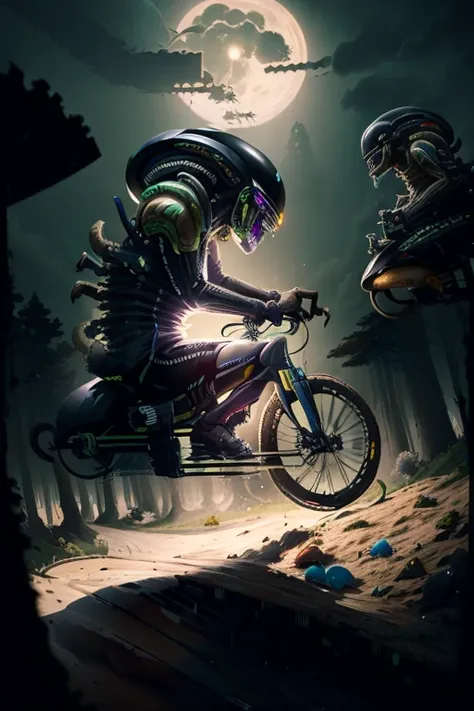 (Cowboy Shot),  SFW, (masterpiece), (Best Quality:1.0), (Ultra-high resolution:1.0), 
((Two xenos pedaling on two bikes:2.0)), Sharp teeth, SF,Tail,
Green Blood, Acid Break
(forest, moonlight, Amazing views)