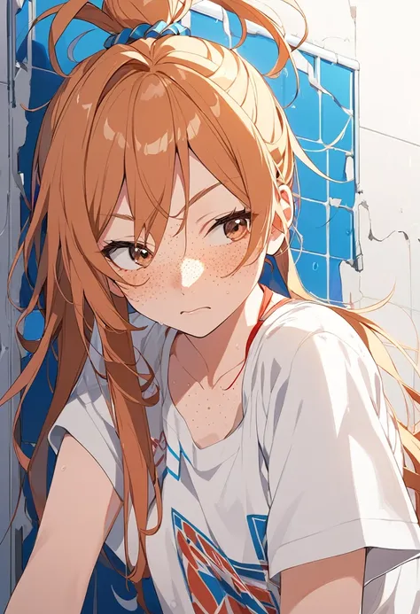 One girl, Idol, close, clavicle,  ,, anime, membrane, Depth of written boundary, Skin Texture, T-Shirts, rubber band, Topknot, Long Hair, Disheveled Hair, Freckles,