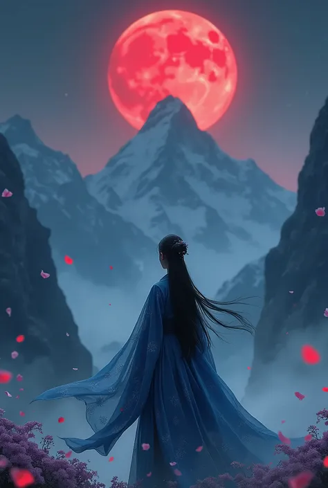 blood moon, night, high Asian mountains, asia, girl, in blue hanfu, long black hair, under the blood moon, wisteria petals, hd