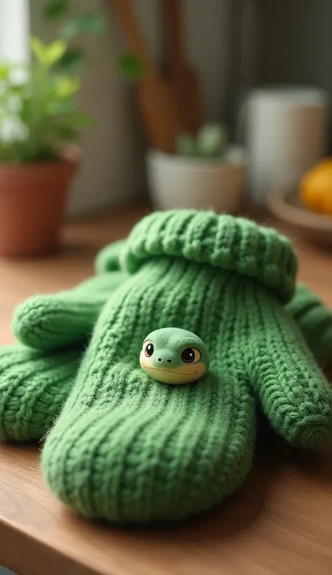 Realistic、Realism、RAW Photos、A photo taken in the kitchen、Green mittens、It&#39;s just lying around in the kitchen:1.5、Mittens、(((Snake&#39;s Face、Cute mittens、Cute illustration snake)))