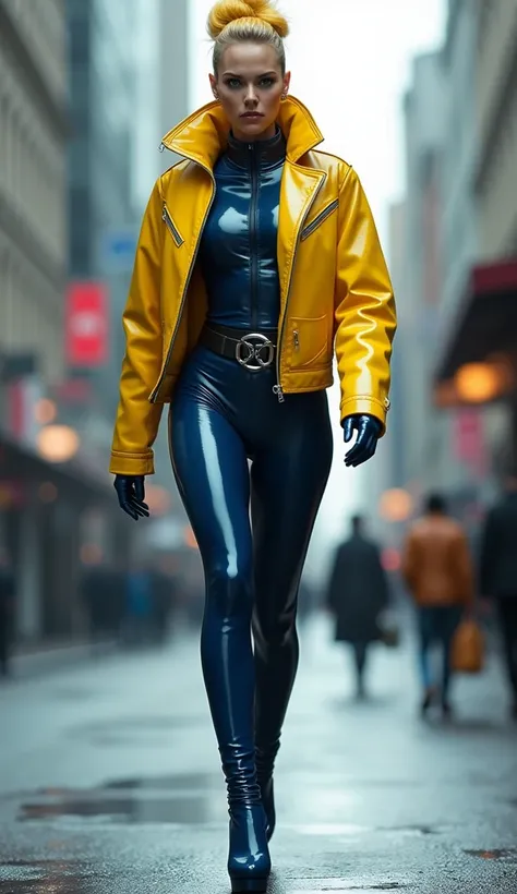 Charlize theron, latex, brillant, futuriste, tee shirt latex bleu marine, col roulé latex bleu marine, t-shirt zippé latex bleu marie, anneaux métaliques coup, futuriste veste latex jaune, grandes épolettes en latex jaune, futurisrique corset, futuristique...