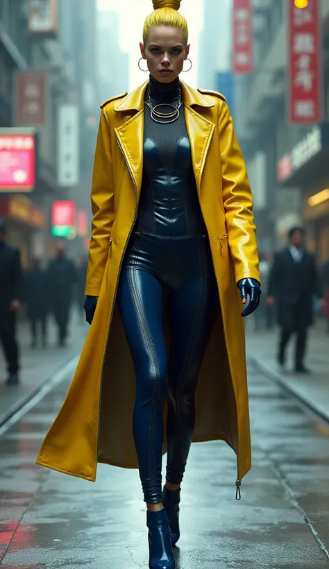 Charlize theron, latex, brillant, futuriste, tee shirt latex bleu marine, col roulé latex bleu marine, t-shirt zippé latex bleu marie, anneaux métaliques coup, futuriste veste latex jaune, grandes épolettes en latex jaune, futurisrique corset, futuristique...