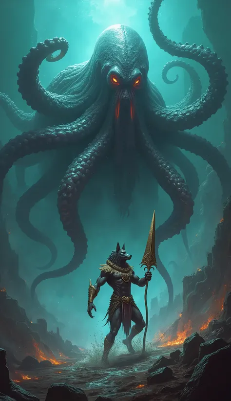 Greek Mythical creature Anubis and giant octopus fighting in the sea, Epic looking