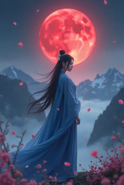 blood moon, night, high Asian mountains, asia, girl, in blue hanfu, long black hair, under the blood moon, wisteria petals, hd