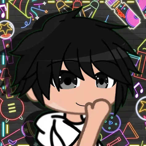 The image is a cartoon illustration of a young man with black hair and a white shirt. He is smiling and has his hand on his chin. The background is a dark brick wall with neon lights and musical instruments. The image is likely from a mobile game or app. T...