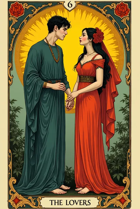 Major Arcana tarot card, No. 6. The Lovers (a male and a female) , Art Nouveau, high saturation
