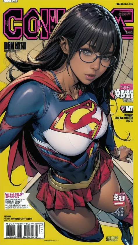 (Cover comic magazine:1.6)，25 yo girl, dark skin, black hair, wearing glasses,medium breast, Supergirl outfit style,  torn clothes, blushing, Flying in the air, 