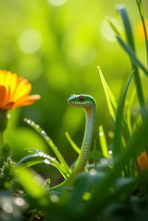 **Description:** Showcase a small, bright green grass snake perfectly camouflaged among blades of grass and wildflowers in a meadow. The snakes body should be almost indistinguishable from its surroundings, with only its eyes and the subtle curve of its bo...