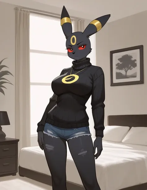 alone, score_9,score_8_up,score_7_up, anthro female umbreon, teenager, red sclera, black eyes, bald head, black fur, ywllow rings, large breast, serious tone, black knit sweater with a symbol of a crescent moon, jean shorts, ripped leggings, bedroom, stand...