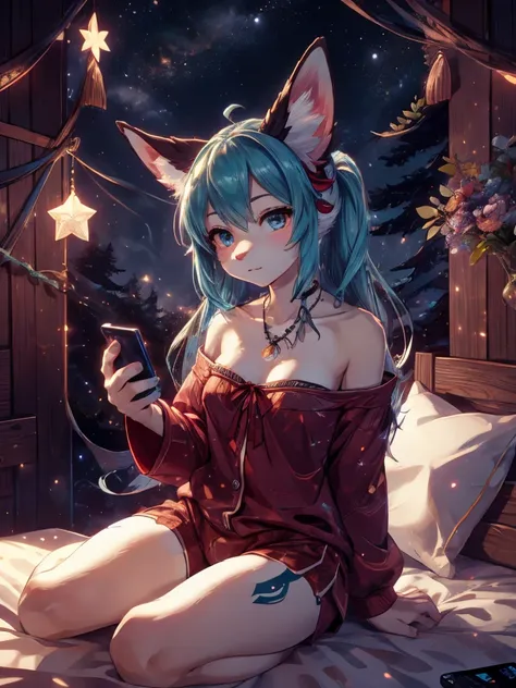 1 girl, miku hatsune, add high definition_detail:1, blue fur,kitsune ears, tribal tattoo add_detail:1, sitting on a bed in comfo...