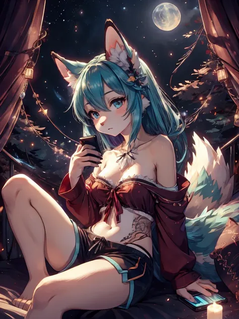 1 girl, miku hatsune, add high definition_detail:1, blue fur,kitsune ears, tribal tattoo add_detail:1, sitting on a bed in comfo...