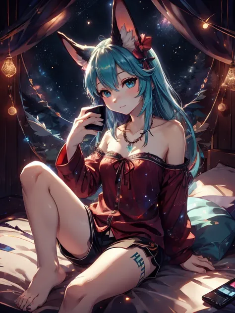 1 girl, miku hatsune, add high definition_detail:1, blue fur,kitsune ears, tribal tattoo add_detail:1, sitting on a bed in comfo...