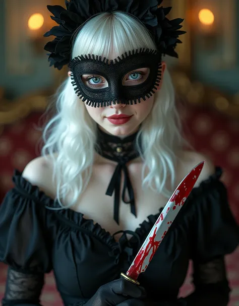 (1 cute albino european girl with venetian mask), , blue eyes, skin white as snow, black victorian clothes, teeth smile, very beautiful, cozy atmosphere, in a cozy house, medium white hair, elegant, detailed face, detailed eyes, detailed body, very realist...