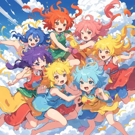 An anime-style illustration depicting girls playfully wrestling with each other inside a comical fight cloud.
each girl has different  colored hair.
their faces,hands,and feet are visible emerging from the cloud as they tussle humorously,  with the rest of...