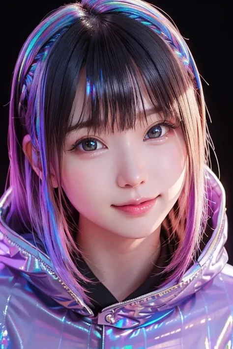 (masterpiece, highest quality, super detailed, detailed face, 8k)、smile、one girl,, , ((( Iridescent opaque jacket:1.3, , holographic:1.23))), , extremely fine-grained clarity, (symmetrical eyes:1.3), , , , , ,, parted bangs, , , (Eye and face details:1.0),...