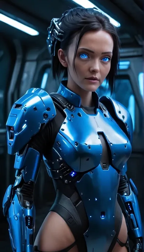 Best Quality, masterpiece ultra high precision 8k,Futuristic spaceship interior，Android woman in cyberpunk suit，Shortcuts, Best Quality, High resolution, (((A woman wearing mecha cyber armor, She has a beam rifle))), ((Cyberpunk Android Full Body)), Superi...