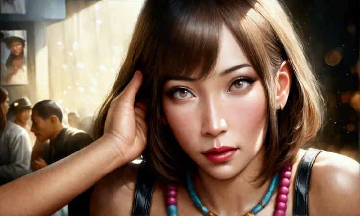 cute yuna, 2, sexy outfit with miniskirt, PSI police emblem, surprised expression, touching her head with hand, corona of swirling psychic energy, Bangkok, (best quality,4k,8k,highres,masterpiece:1.2),ultra-detailed,(realistic,photorealistic,photo-realisti...