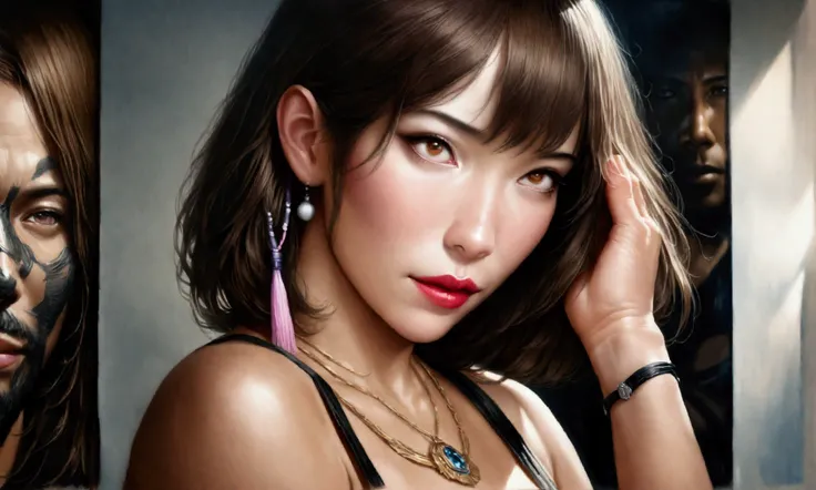 cute yuna, 2, sexy outfit with miniskirt, PSI police emblem, surprised expression, touching her head with hand, corona of swirling psychic energy, Bangkok, (best quality,4k,8k,highres,masterpiece:1.2),ultra-detailed,(realistic,photorealistic,photo-realisti...