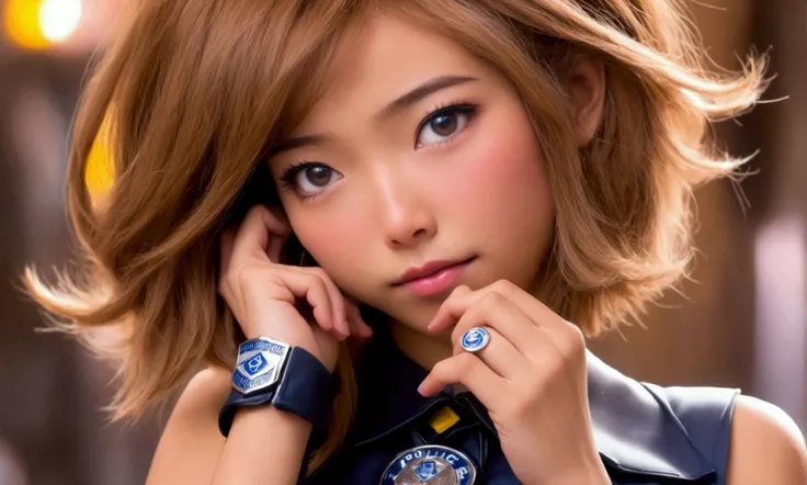 cute yuna (age 25, sexy outfit with miniskirt, PSI police emblem) she is touching her head withher hand and has a surprised expression, she has a corona of swirling psychic energy, Bangkok
