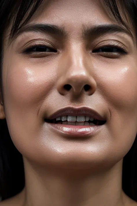 Tabletop,Award-winning photo, Very detailed, スーパーorgasm, Woman with open mouth and closed eyes , Skin shiny with sweat、Sharp focus on face、From below、Lighting that highlights shiny sweat{{{orgasm:1.5 }}}, Black-haired、Please be careful when viewing、,nsfw,(...