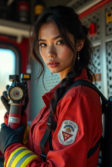 HDR, 8K, Realistic, full body, 22 yo woman, facial mix of persian and japanese race, in sexy, seductive fire fighter suit, in the fire truck, holding a firehose nozzle