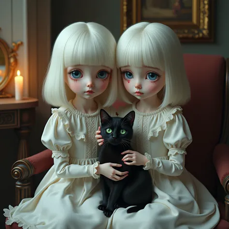 (2 cute twins albino european little girls), , blue eyes, skin white as snow, white victorian clothes, sad, very beautiful, cozy atmosphere, in a victorian house, medium white hair, elegant, detailed face, detailed eyes, detailed body, very realistic, frin...