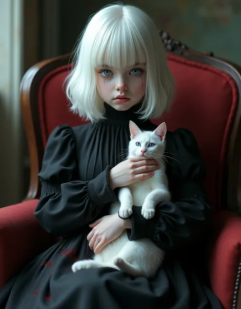 (1 cute albino european little girl), , blue eyes, skin white as snow, black victorian clothes, sad smile, very beautiful, cozy atmosphere, in a victorian house, medium white hair, elegant, detailed face, detailed eyes, detailed body, very realistic, fring...