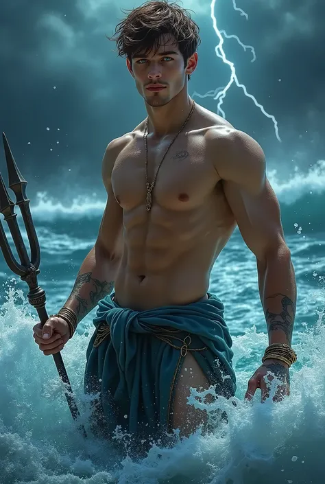 Photorealistic, best quality, masterpiece, detailed, masculine portrait of young dark fantasy prince, 1 male models, handsome, cute looking, divine look, powerful, blue eyes, god Poseidon, god of the seas, Neptune, holding a trident, hydrokinesis, bending ...