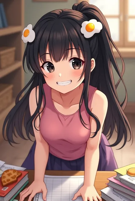 masterpiece1 girl, Medium chest, Alone, Aliang々Wood, Hair accessories, 卵 Hair accessories, Side Ponytail, Black Hair, food-themed Hair accessories, fried eggs, Egg staring at the viewer (food), Long Hair, (Black Eyes:1.1), purple skirt, Sleeveless, Pink Sh...