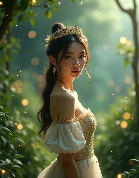 overspring, beautiful fantasy garden, 1girl, detailed face, beautiful eyes, long lashes, porcelain skin, long flowing hair, ornate dress, elegant pose, glowing fireflies, vibrant colors, lush foliage, natural lighting, cinematic composition, detailed textu...