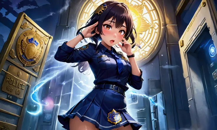 cute yuna (age 25, sexy outfit with miniskirt, PSI police emblem) she is touching her head withher hand and has a surprised expression, she has a corona of swirling psychic energy, Bangkok
