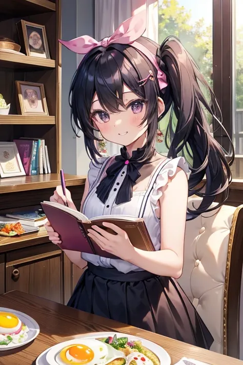 masterpiece1 girl, Medium chest, Alone, Aliang々Wood, Hair accessories, 卵 Hair accessories, Side Ponytail, Black Hair, food-themed Hair accessories, fried eggs, Egg staring at the viewer (food), Long Hair, (Black Eyes:1.1), purple skirt, Sleeveless, Pink Sh...