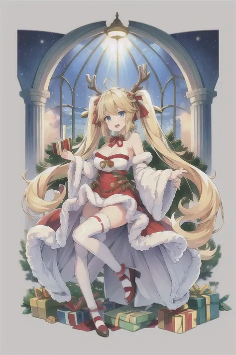 Andrea_Doria (warship girls r),((Best quality))),((Ultra-detailed)),((illustration)),((Disheveled hair)),((frilld)),(1 girl),(Solo), 1girl,ahoge,antlers,bell,blonde hair,blue eyes,blush,bow,box,breasts,candy cane,christmas,christmas ornaments,christmas tre...