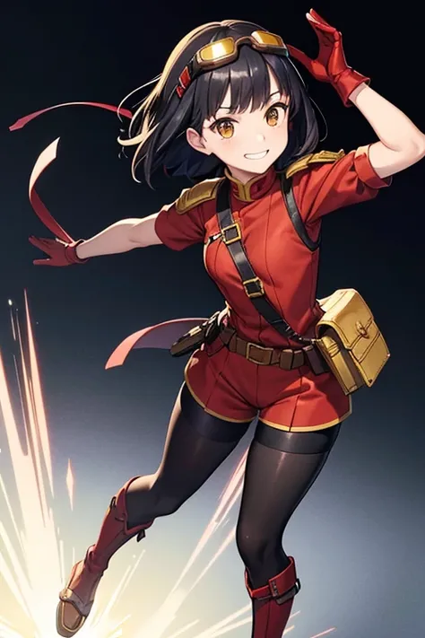 Anime Art、Full body portrait、Early modern period、Background blank、A female pilot, about 3, standing upright, about 160cm tall, wearing a red short-sleeved uniform and red shorts、Wears goggles on his head、She is wearing black tights that cover her lower bod...