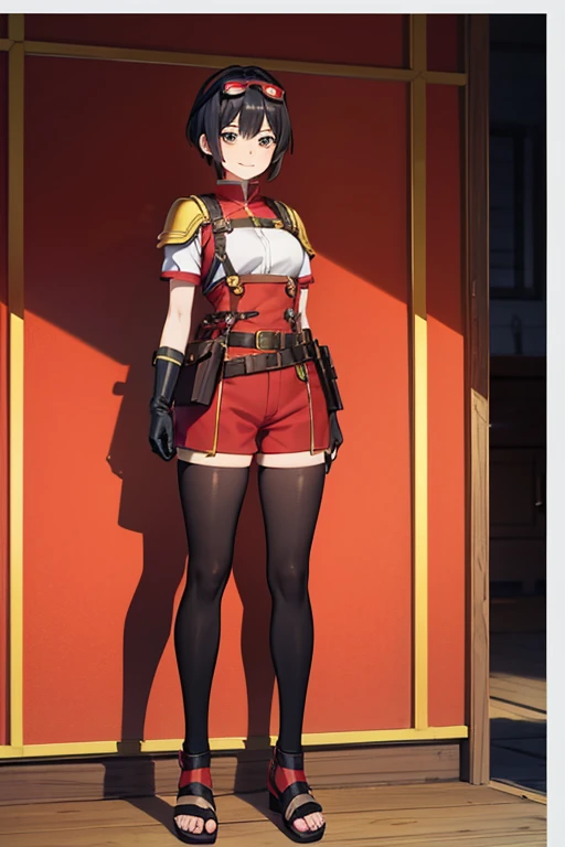 Anime Art、Full body portrait、Early modern period、Background blank、A female pilot, about 3, standing upright, about 160cm tall, wearing a red short-sleeved uniform and red shorts、Wears goggles on his head、She is wearing black tights that cover her lower bod...