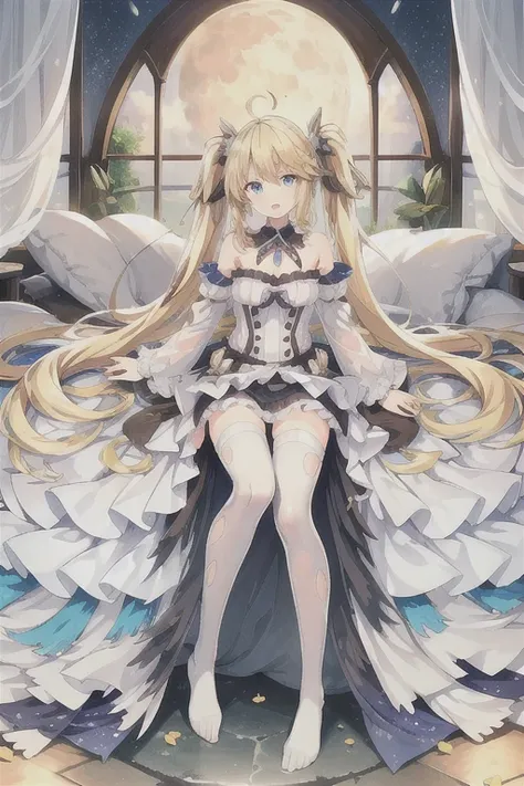 Andrea_Doria (warship girls r),((Best quality))),((Ultra-detailed)),((illustration)),((Disheveled hair)),((frilld)),(1 girl),(Solo), 1girl, ahoge, ass, bangs, bare shoulders, barefoot, blonde hair, blue eyes, blush, breasts, detached sleeves, dress, earrin...