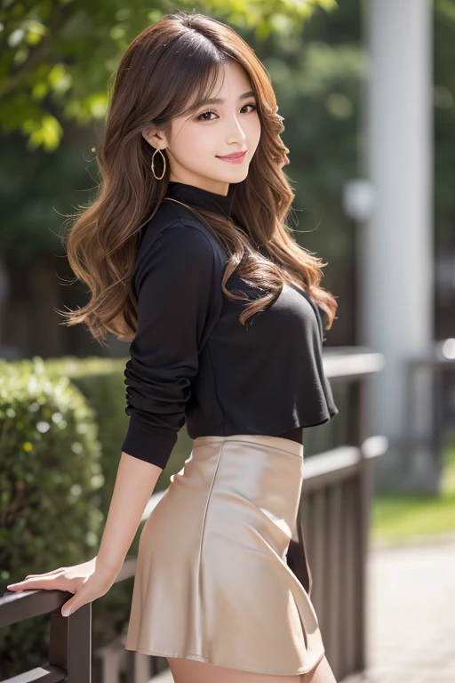 （Brown layered wavy hair）,Heavy makeup、(1,Two Women,Japanese):1.2、8k, Seductive smile,Tall：1.4、Small Face、Nikon Z85mm, ((Best Quality)) ,((masterpiece)), Intricate details, Professional realistic, Realistic、 ((Strapless,Bareback abdomen,Sexy mini skirt))：1...