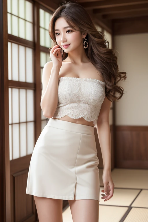 （Brown layered wavy hair）,Heavy makeup、(1,Two Women,Japanese):1.2、8k, Seductive smile,Tall：1.4、Small Face、Nikon Z85mm, ((Best Quality)) ,((masterpiece)), Intricate details, Professional realistic, Realistic、 ((Strapless,Bareback abdomen,Sexy mini skirt))：1...