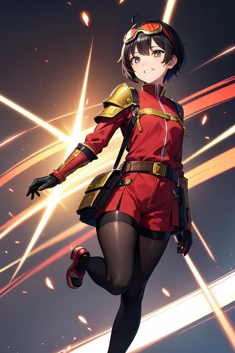 Anime Art、Full body portrait、Early modern period、Background blank、A female pilot, about 3, standing upright, about 160cm tall, wearing a red short-sleeved uniform and red shorts、Wears goggles on his head、She is wearing black tights that cover her lower bod...