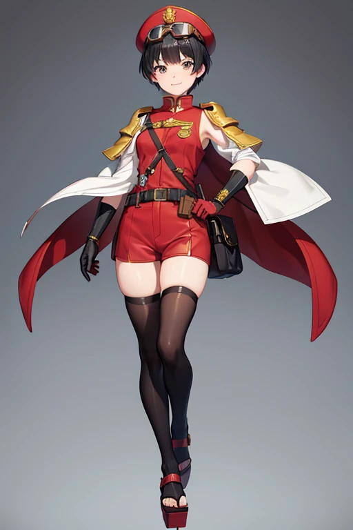 Anime Art、Full body portrait、Early modern period、Background blank、A female pilot, about 3, standing upright, about 160cm tall, wearing a red short-sleeved uniform and red shorts、Wears goggles on his head、She is wearing black tights that cover her lower bod...