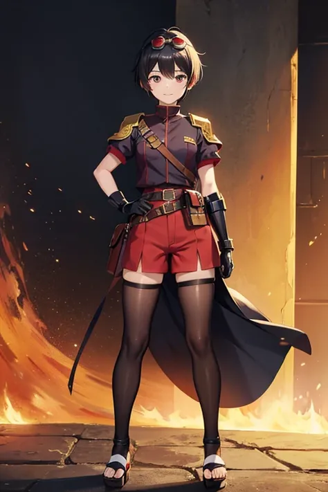 Anime Art、Full body portrait、Early modern period、Background blank、A female pilot, about 3, standing upright, about 160cm tall, wearing a red short-sleeved uniform and red shorts、Wears goggles on his head、She is wearing black tights that cover her lower bod...