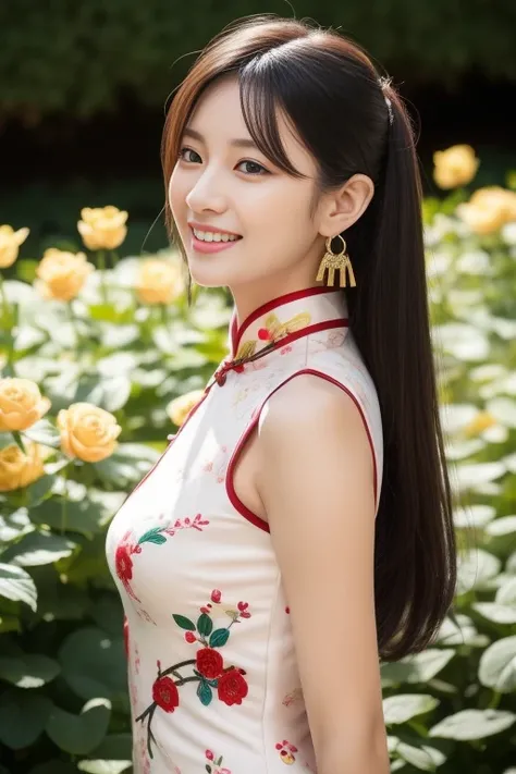 A beautiful woman in a cheongsam。She was wearing a red cheongsam，The cheongsam is embroidered with golden patterns，Like a blooming peony，Like a fluttering butterfly。Her long black hair was tied up behind her head，Fixed with a beautiful hairpin，Showing off ...